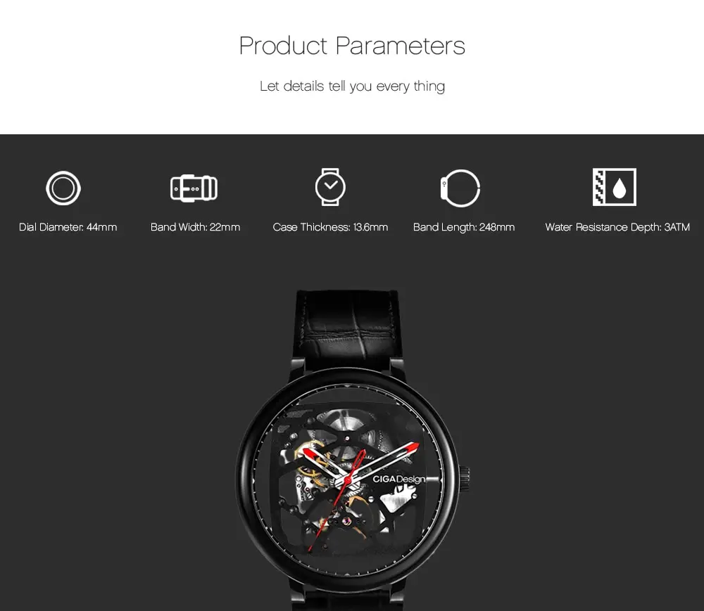 CIGA Design Creative Leather Strap Automatic Mechanical Men Watch- Black