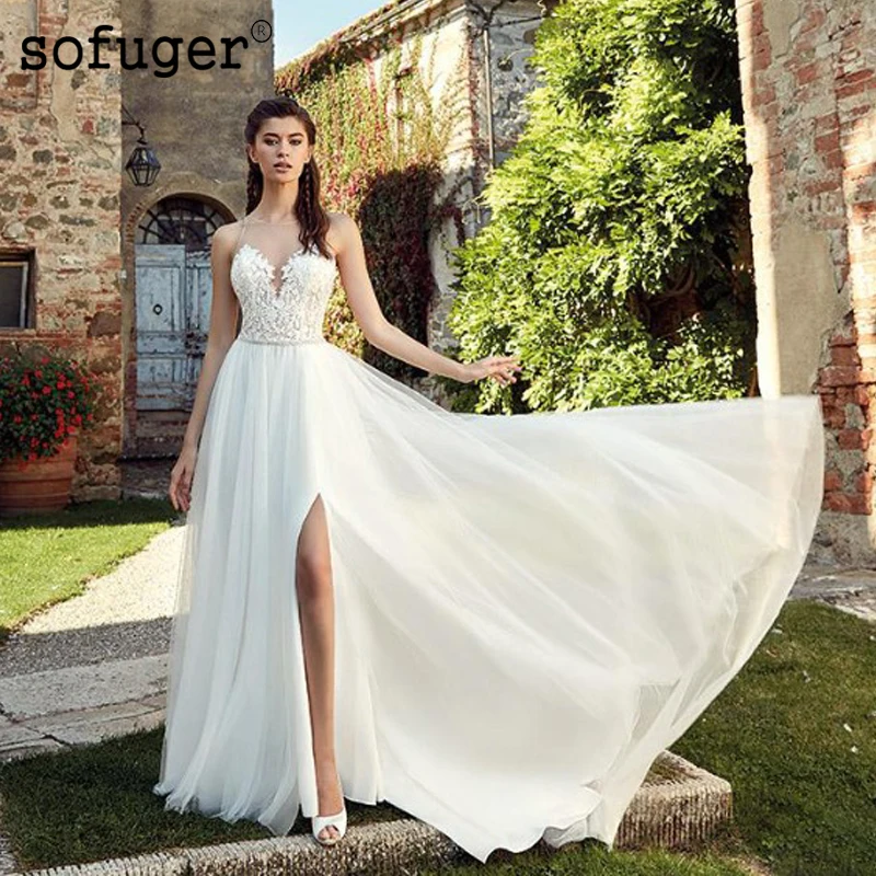 

Long White Ivory Summer Scoop Beach Lace A Line Sexy Bohe Side Split Lace Appliques Illusion Backless Bodices Wedding Bridal
