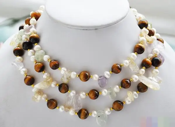

3568 white round pearl tiger's-eye amethyst citrine detritus necklace