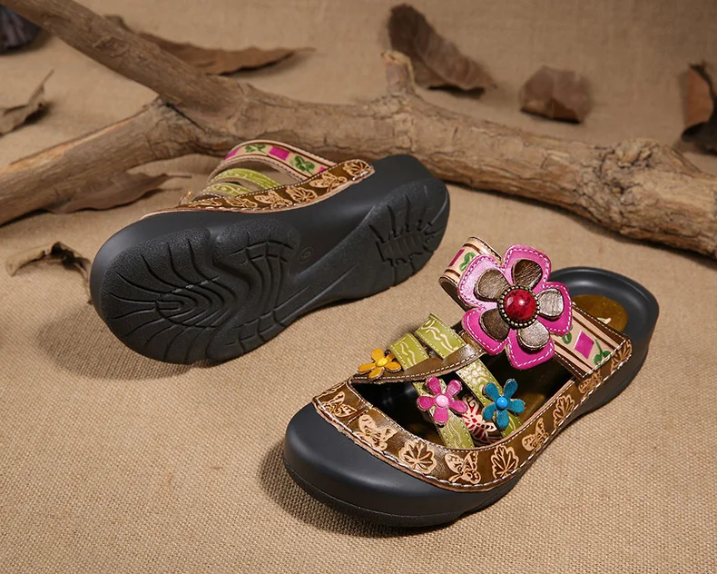 Повседневная женская обувь из натуральной кожи с цветочным узором; женские босоножки ручной работы в богемном стиле; Классические летние женские босоножки с аппликацией