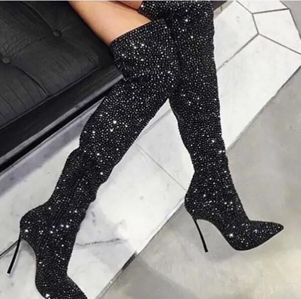 Luxury Crystal Cover Women Pointy Toe Boots Glittering Metal Thin High