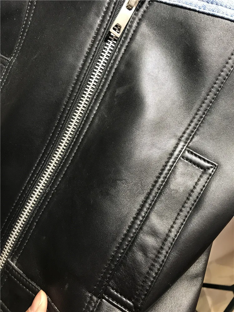 European style women's real leather jackets Fashion 2019 spring denim patchwork sheepskin moto & biker jackets coat G119