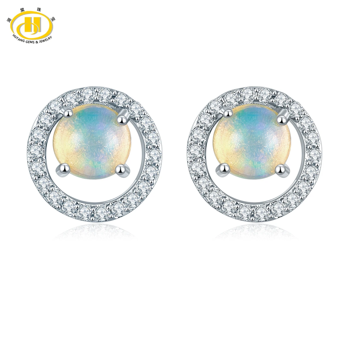 Hutang Natural Opal Halo Earrings 925 Sterling Silver Gemstone Stud