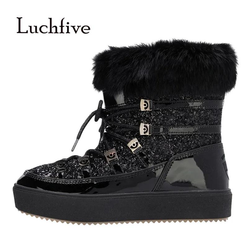 

2018 Waterproof Snow Boots Women Round Toe Bling Sequined Thick Bottom Wool Fur Ankle Boots Woman