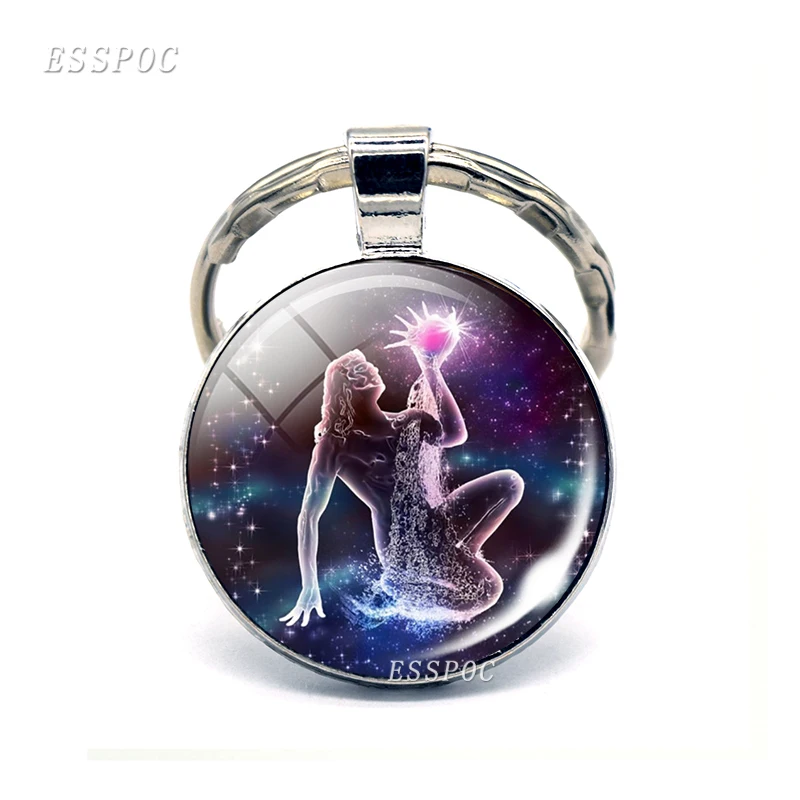 12 Constellation Keychain Zodiac Signs Glass Pendant Scorpio Sagittarius Capricorn Aquarius Alloy Keyring Jewelry Birthday Gifts - Цвет: Aquarius