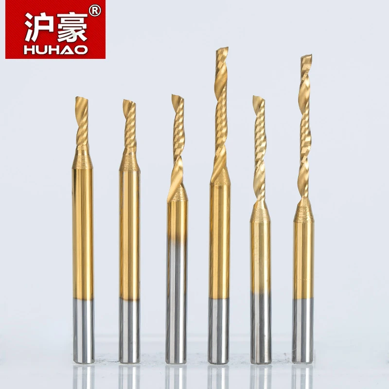 HUHAO 1pc 3.175mm TiN Coating Single Flute Spiral Cutter router bit CNC end mill carbide milling cutter Machine Accessories