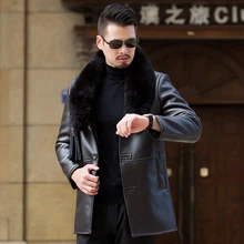 Для мужчин кожа Мех животных воротник длинное пальто среднего возраста кожа Мех животных Костюмы Мужской Зимний пиджаки натуральным лисьим Мех животных воротник теплый толстый ветровка