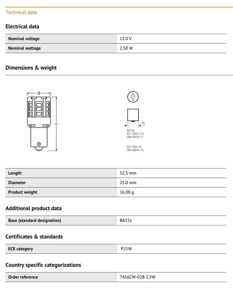 OSRAM СВЕТОДИОДНЫЙ P21 7456CW P21W 12 В 2,5 Вт холодный белый Светодиодный riving стандартный автомобильный противотуманный фонарь передний задний указатель поворота светильник 2000 h пожизненная пара