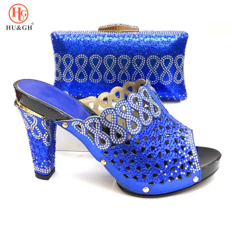 

Newest Royal Blue Color African Women Matching Nigerian Shoes and Bag Set Decorated with Rhinestone Italian Ladies Shoe and Bag