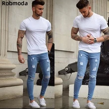 Новые мужские рваные джинсы с дырками синие облегающие джинсы брюки для мужчин облегающие с плиссированной потертой уличной одеждой джинсы брюки для мужчин