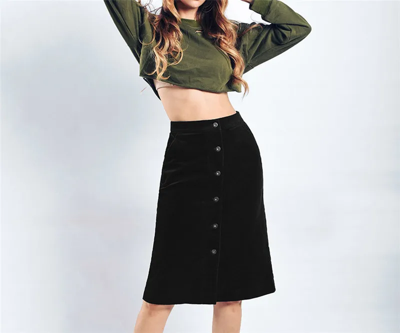 Autumn a-line skirt corduroy skirt in the long high waist slit skirt multi button pocket skirt (1)