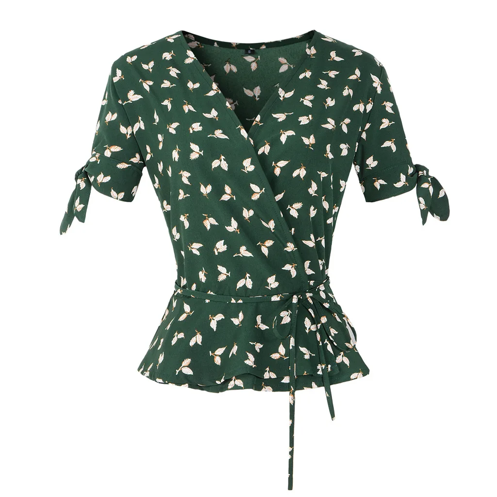 

2019 Spring Summer Chiffon Print Leaves V-Neck Lacing Ladies Tops Women Casual Short Sleeves With Bow Sexy Slim Blouses Shirts