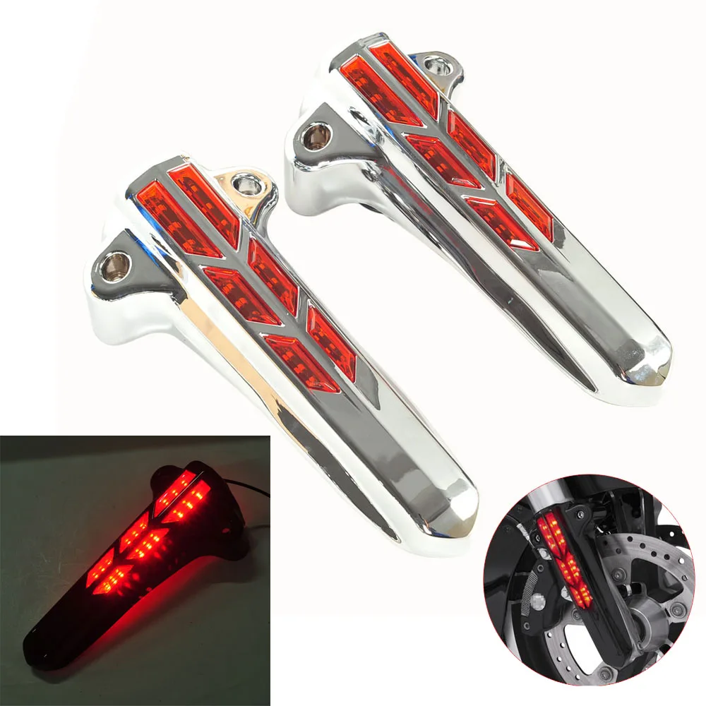 Chrome Motorcycle LED Front Lower Fork Leg Covers Red Lens Case for