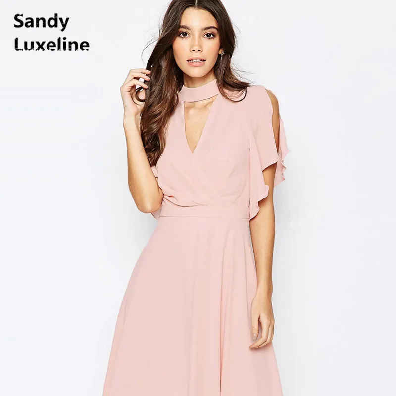 Для женщин летнее платье sexy v шеи Розовые платья Мода бабочка рукава vestido de festa