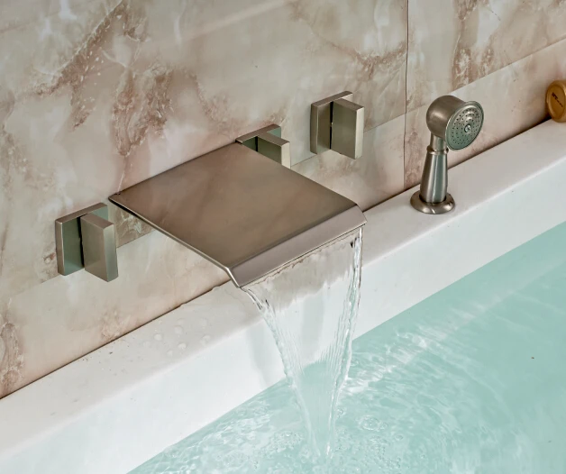 

Free Shipping! Wall Mount Nickel Brushed 3 Handles Tub Mixer Tap Waterfall Spout W/ Hand Shower