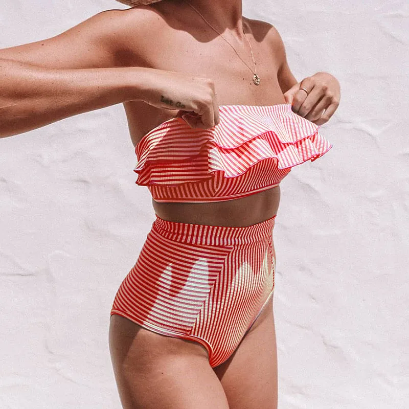 high waisted strapless bikini set