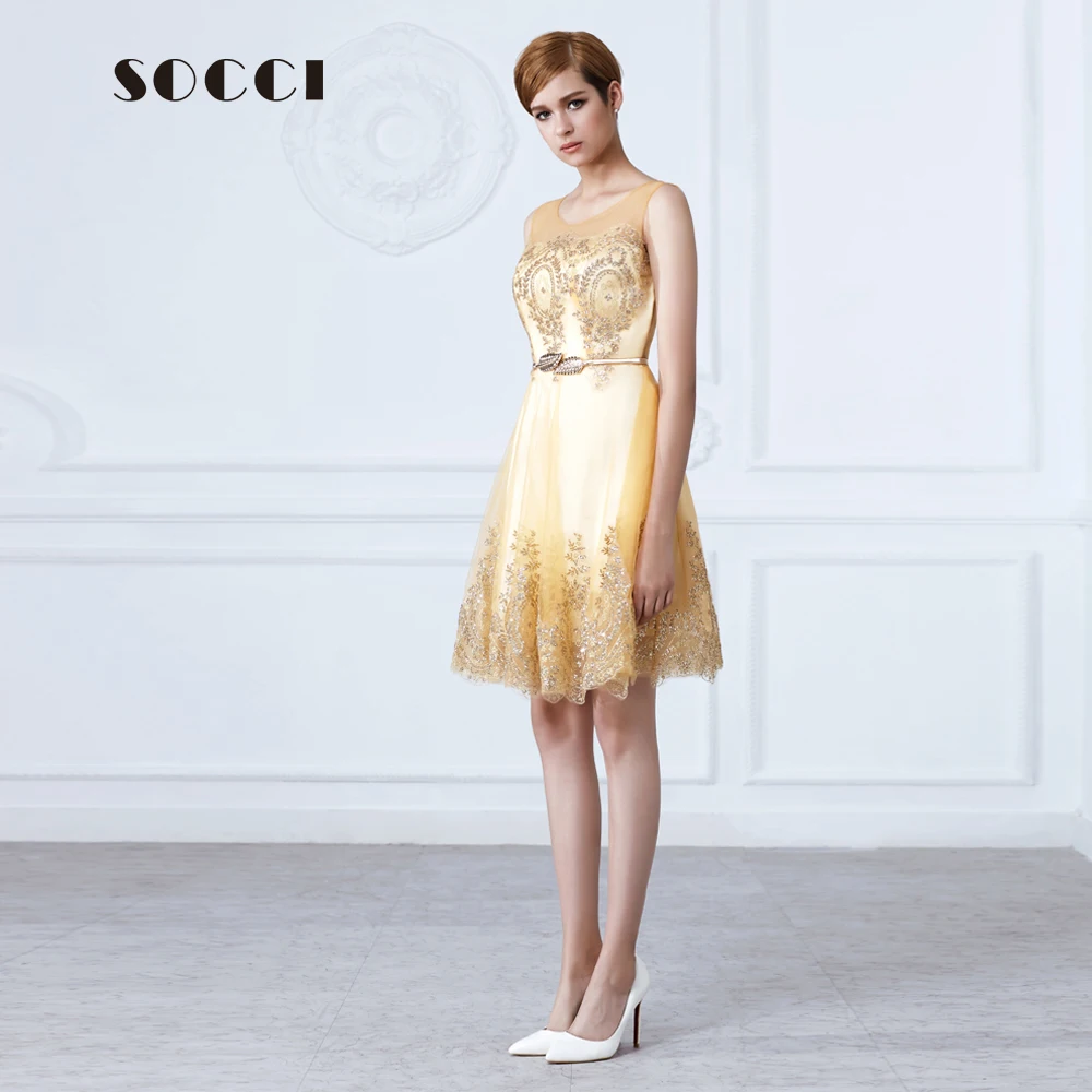SOCCI Weekend фатиновое кружевное Золотое коктейльное платье Короткое женское