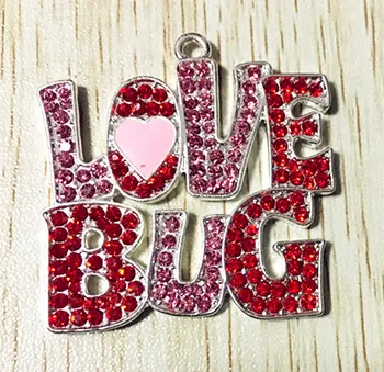 

42x42mm10pcs/lot red with pink silver Zinc alloy rhinestone '' love bug" Pendants for Jewelry Necklace making