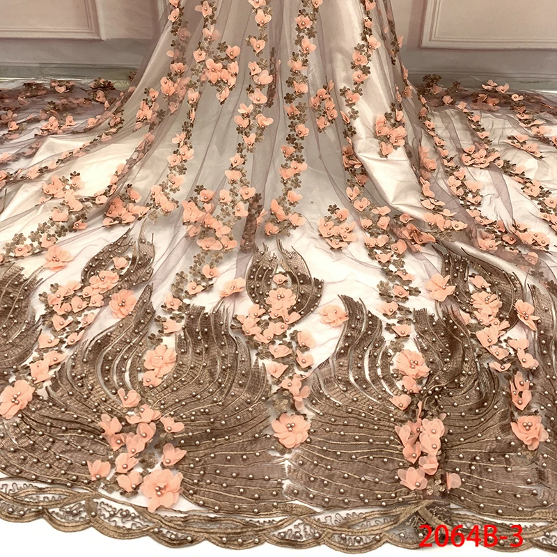

2019 Embrodiery African Lace Fabric 3d Lace Fabric High Quality Heavy Beads lace fabric for african french tulle lace 2064b