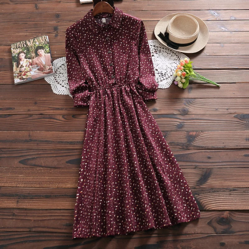 New Mori Girl Autumn Spring Women Long Dress Floral Print Casual Vintage Lady Midi Dress Elegant Kawaii Corduroy Chic Cute Dress