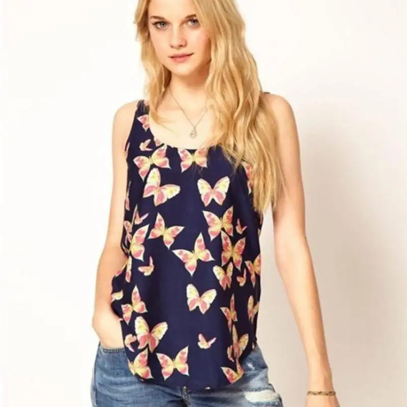 

2018 New European And American Butterfly Printed Women Vest Round Neck Sleeveless Sling Chiffon Shirt