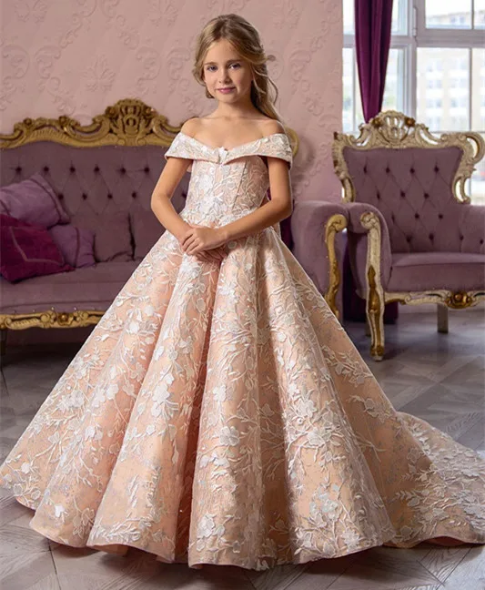 New Champagne Flower Girls Dresses for Wedding Applique V Neck Lace Up