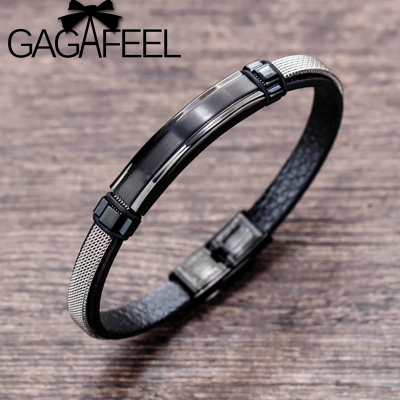 GAGAFEEL, регулируемый по длине браслет из искусственной кожи для мужчин и женщин, браслет из нержавеющей стали, мужской подарок 210 мм