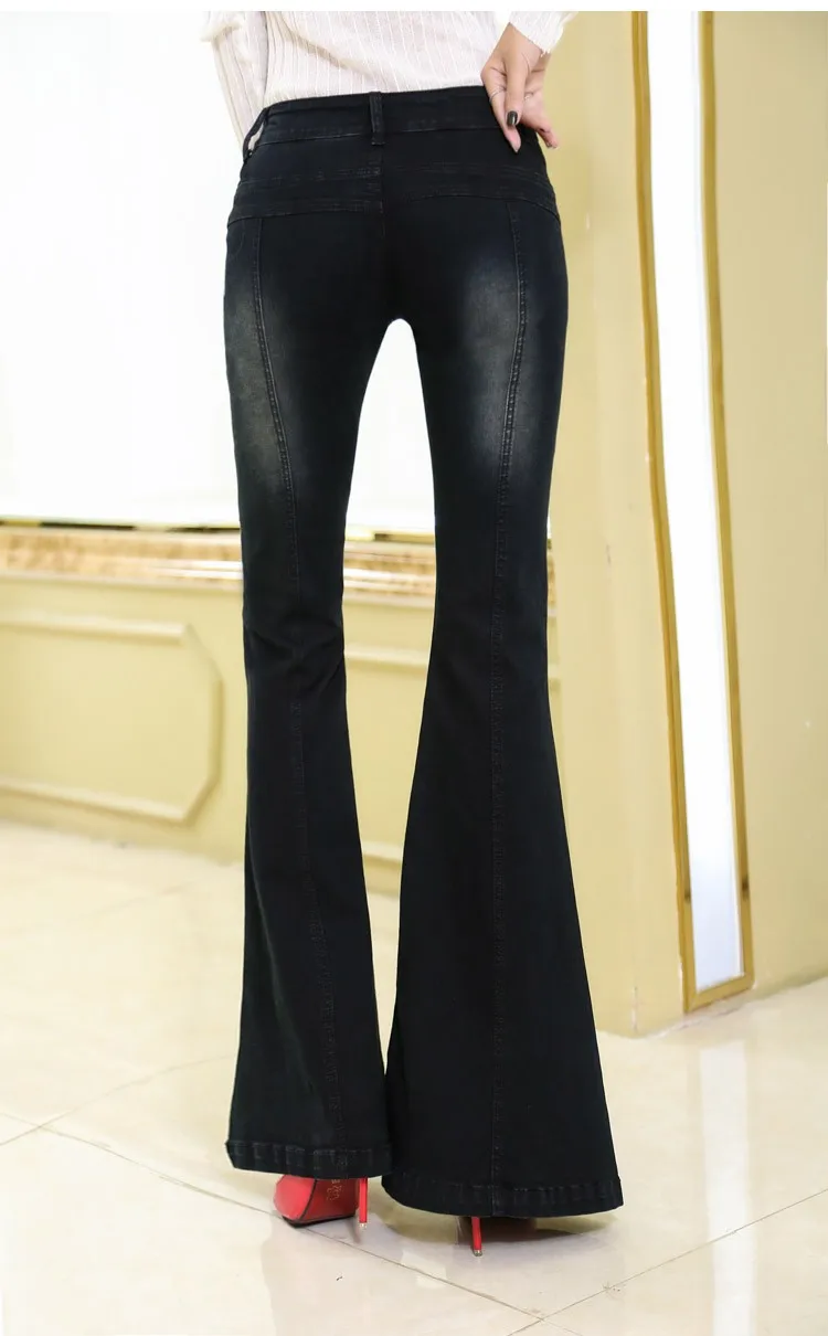 Женские эластичные черные расклешенные джинсы для девочек, винтажные Женские джинсовые штаны 053003