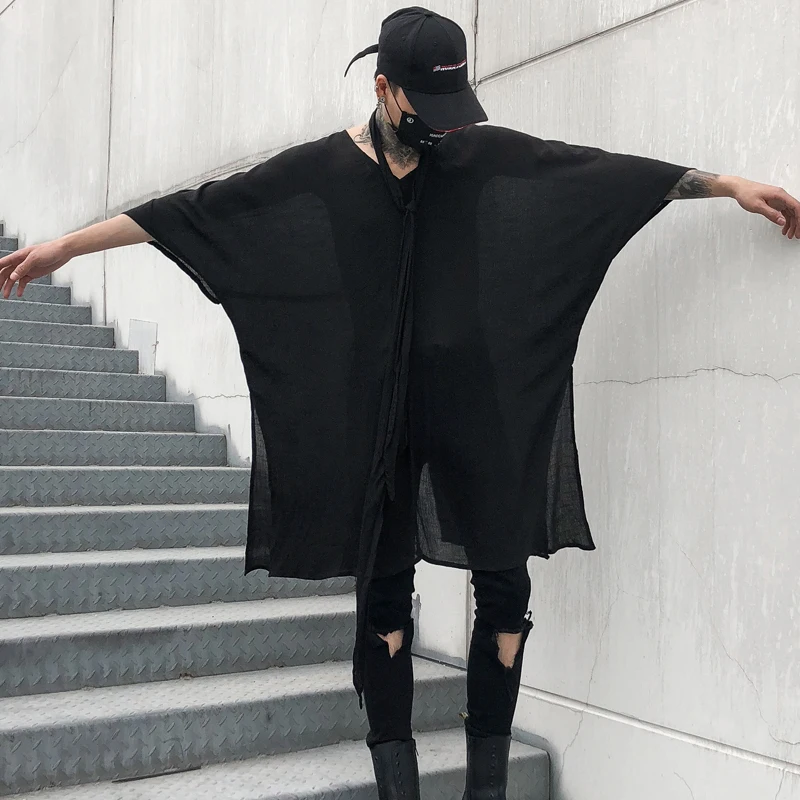

Men v neck oversized punk rock hip hop t shirt irregular hem design ultrathin long tops men nightclub DJ hiphop tees streetwear