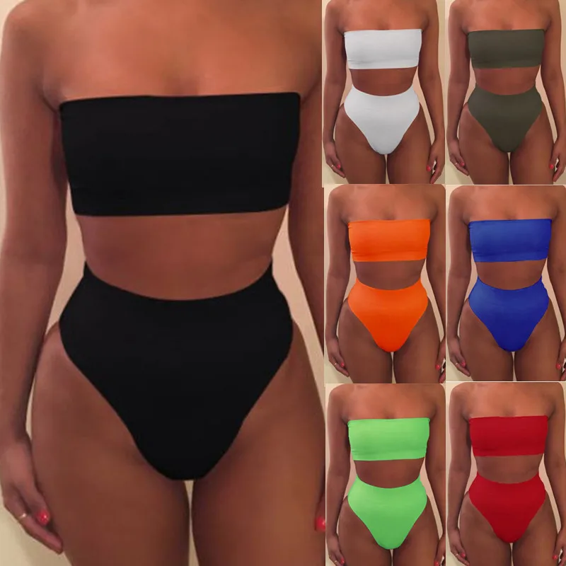 

10 Color New Bikini Strapless Swimwear Women Solid Sexy Off Shoulder Bikini Sets Bathing Suit Push-up Padded Bra Biquini