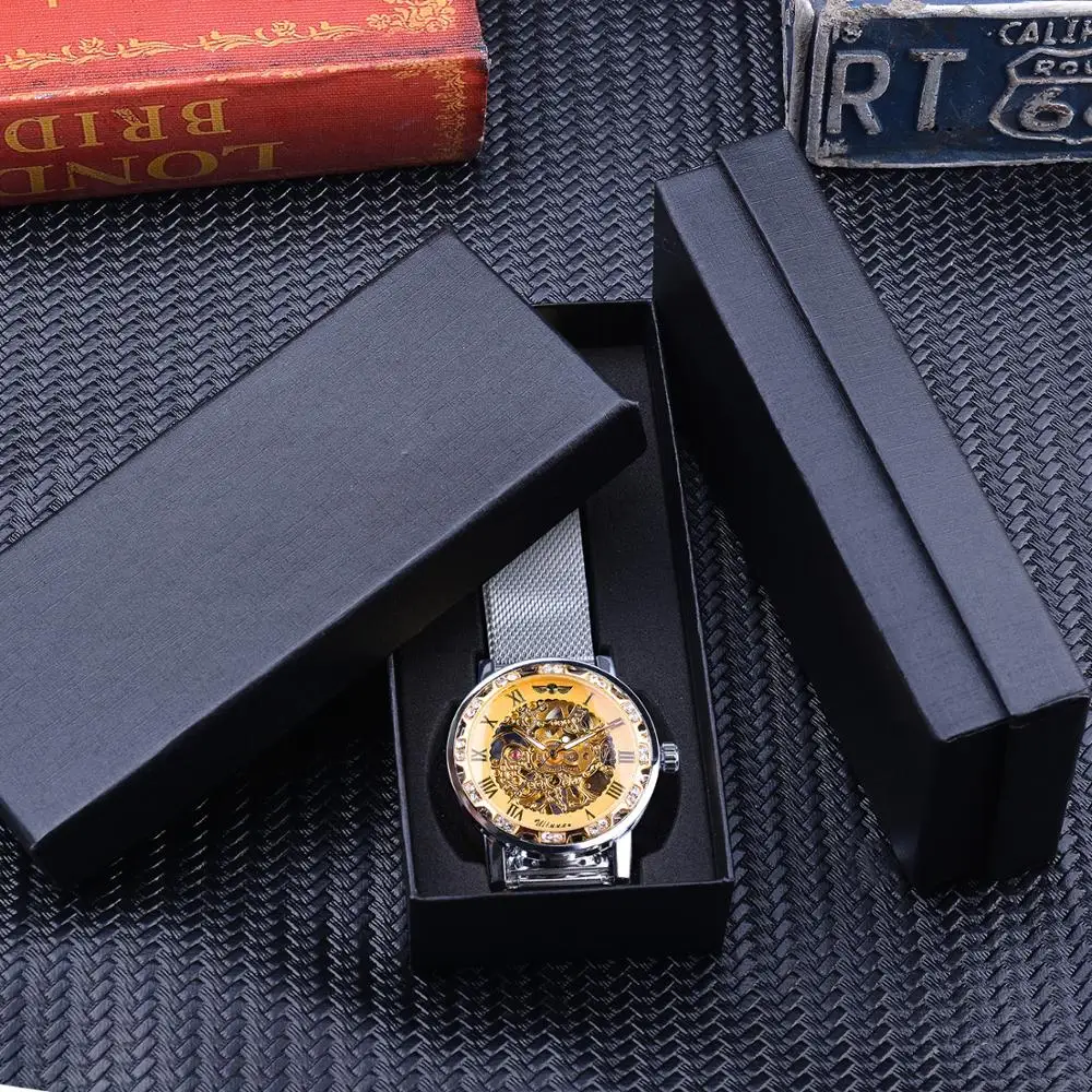 Mechanical Watch Winner Casual Mechanical Watches For Men Golden Roman Fashion Stainless Steel Belt Mesh Strap Wristwatch Clock Relogio Masculino