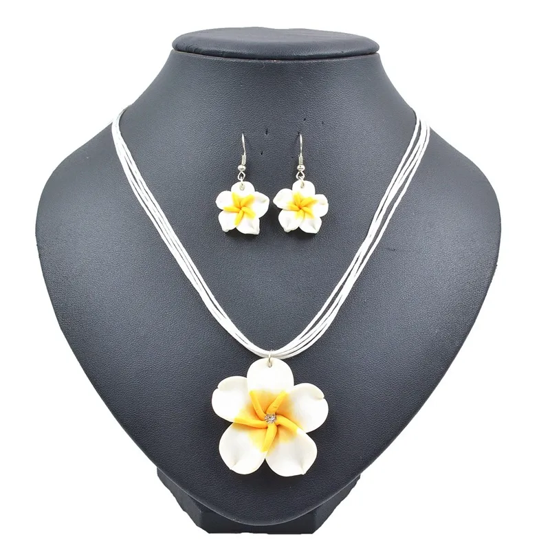 TopHanqi 1set 6color Summer Beach Hawaiian Clay Fimo Frangipani Flower Necklace Earrings Jewelry Sets For Children Girls