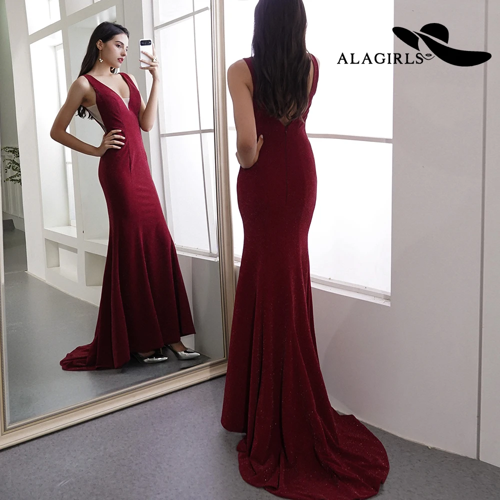 

Alagirls 2019 New Arrival Mermaid Evening Dress Elegant V Neck Evening Gowns Deep V Back Party dress Sexy Prom Dresses 2019