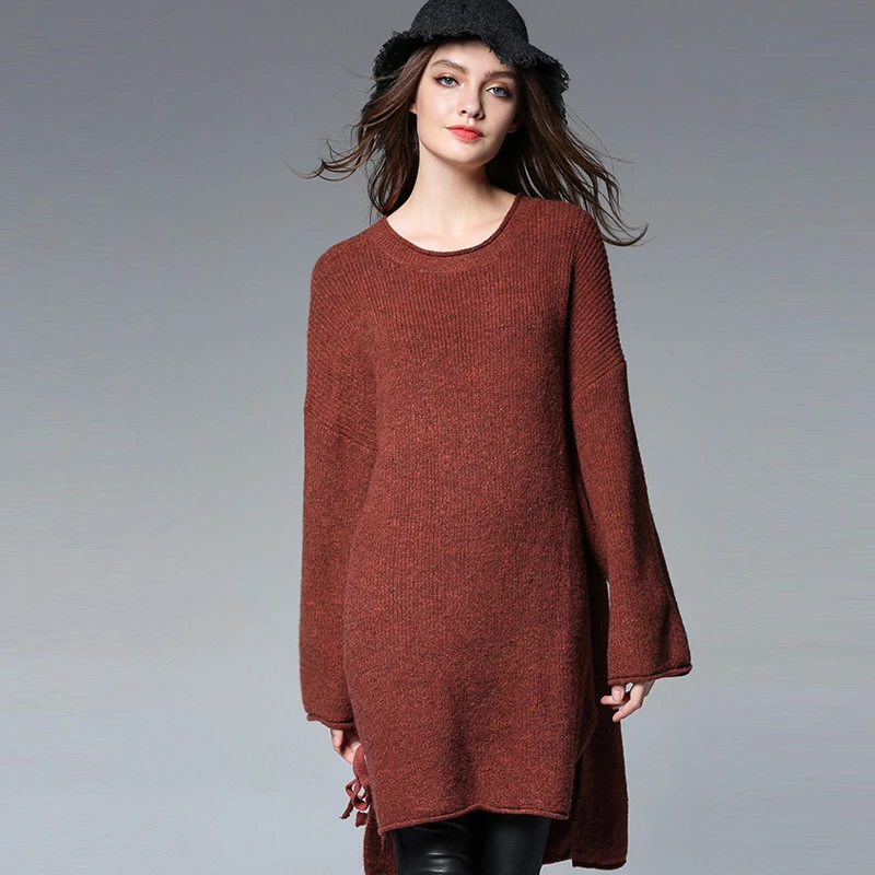 Fashion New winter loose pullover Knitted sweater women's crew neck Show thin thick long tops plus-size lace-up | Женская одежда