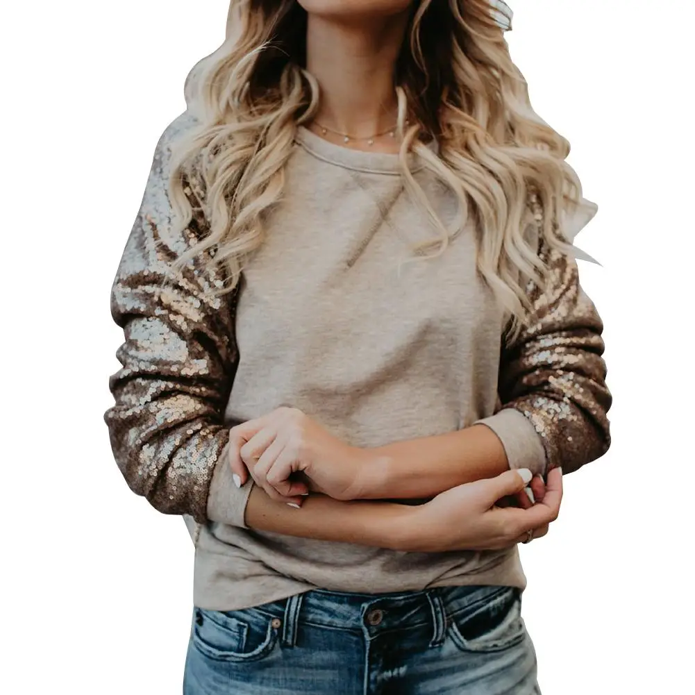 Новинка, Повседневный пуловер с длинными рукавами и пайетками в стиле пэчворк, женская блузка, Свободный Топ с круглым вырезом