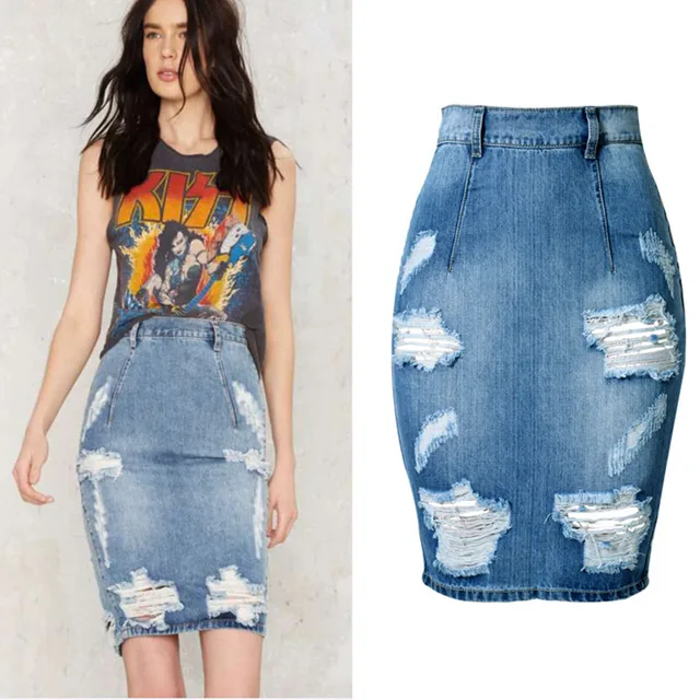 high waisted jean pencil skirt
