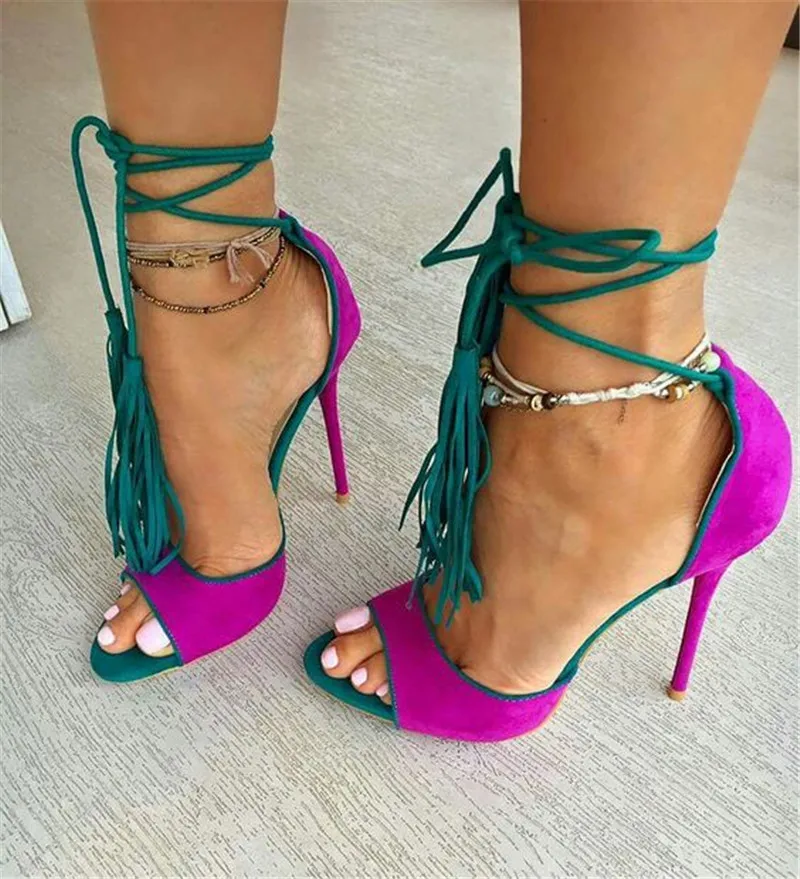 

Women Chic Fuchsia Suede Fringe Sandals Concise Ultra High Heels Lace-up Tassel Shoes Rose Red Yellow Cross Tied Dress Pumps