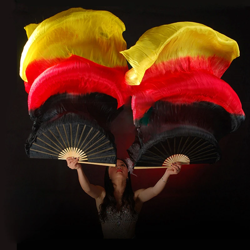 3 Colors Women Real Silk Belly Dance Long Bamboo Fan Veil JieGuanG Dance Fan for Dance