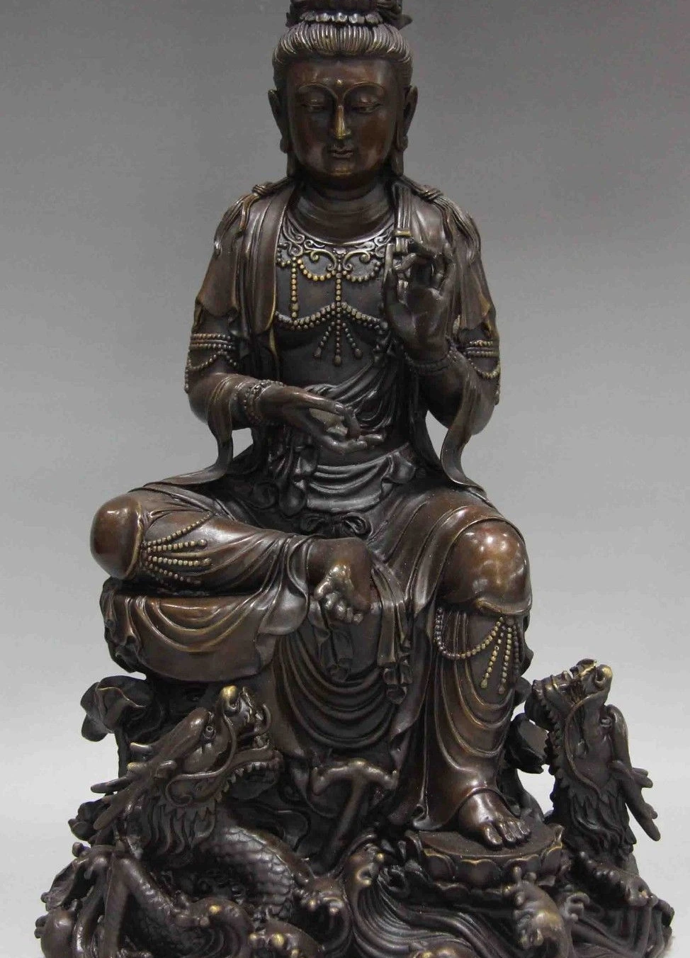 

15 Tibet Buddhism Copper Bronze Sit two Dragon Guan Yin Kwan-yin Boddhisattva