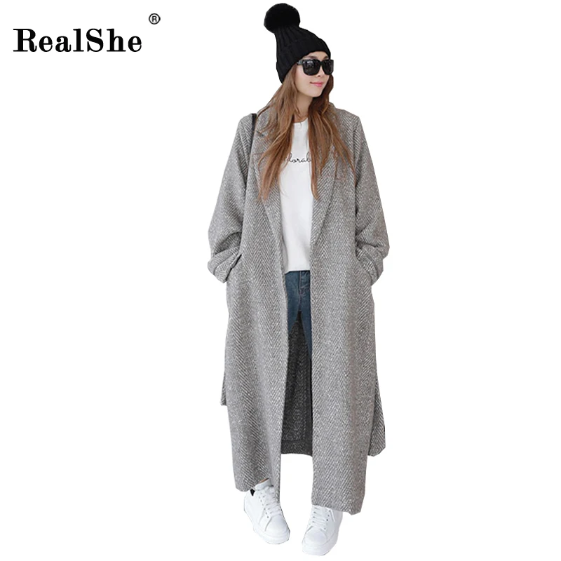 Mélange Oversize coat D'hiver 2018 Trench Laine Outwear Revers Longue De Poche Manteau Femmes Ceinture Realshe 8qp7z1w1