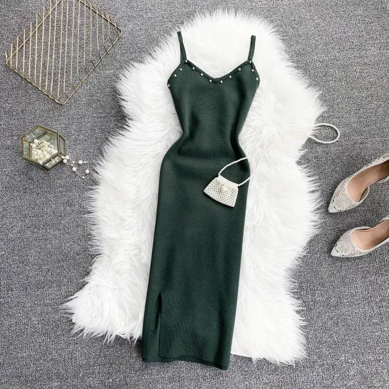spesifikasi Euro Amerika Seksi V Leher Embun Kembali Kuku Manik manik, Tubuh Langsing, Rok dan Pantat Perawatan Mesin satu Langkah Rok Dress Rajutan Knit 2019