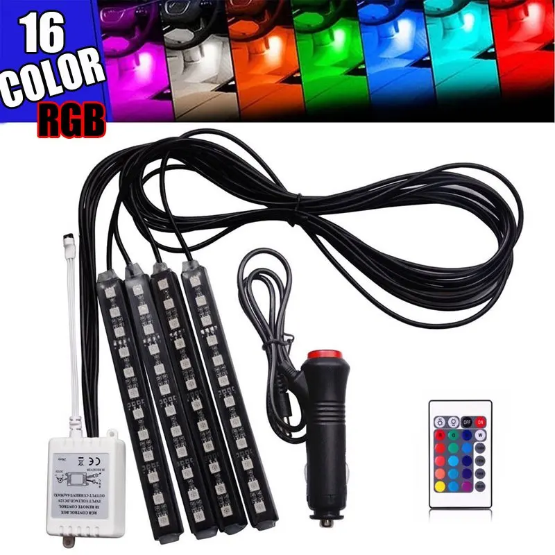 

4x 9 LED RGB 16 Colors Car Interior Atmosphere Decorative Light Strip IR Remote