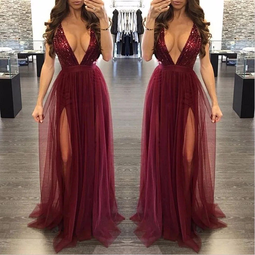 

Red Sequin Deep Low V Neck Women Elegant Party Club Chiffon Long Dress Backless Sexy Maxi Dress