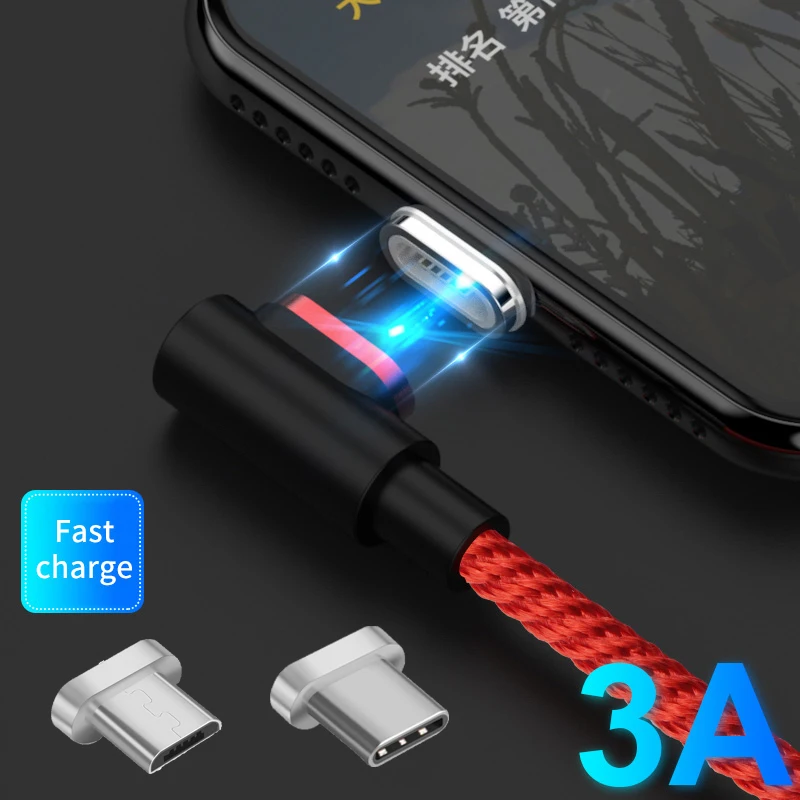 Магнитный USB кабель с углом 90 градусов для Huawei 3A Быстрая зарядка Type C Micro usb L Line