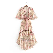 Женщины; Лето; в стиле бохо праздничное пляжное платье с глубоким v-образным вырезом и расклешенными рукавами дамы ассиметричное Вечерние Платья с цветочным принтом