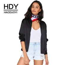 HDY Haoduoyi повседневные однотонные черные женские куртки с вышитыми буквами на спине Модные женские свободные базовые шикарные куртки на молнии