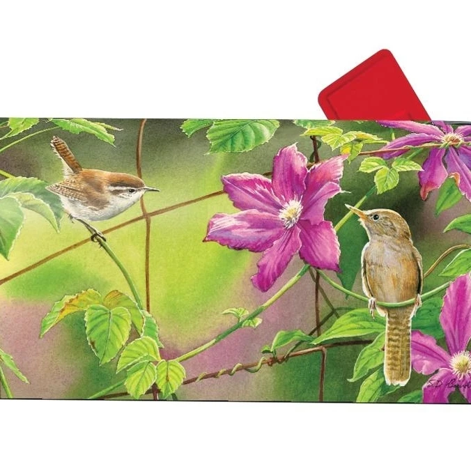 Magnet Works Wren With Purple Clematis Magnetic Mailbox Wrap Cover