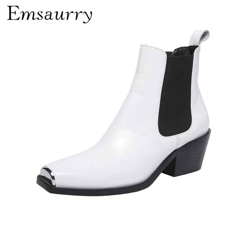 

Women Booties Autumn Metal Decor Square Toe British Style Thick Heel Chelsea Boots Geniune Leather Ankle Boots