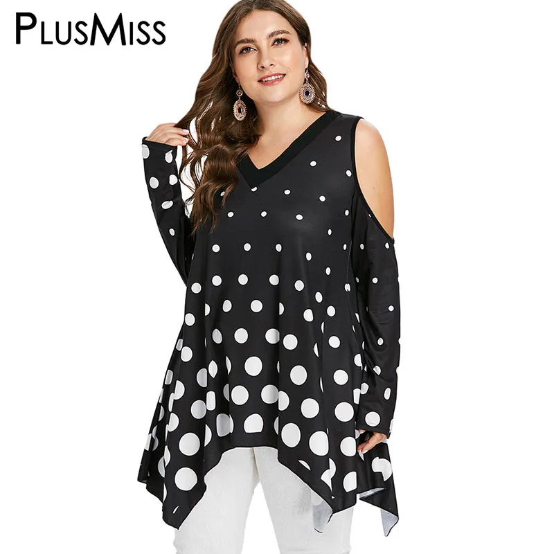 PlusMiss размера плюс сексуальное с открытыми плечами с узором в горошек, с длинными футболки Для женщин с длинным рукавом Свободные футболки Big Размеры осень футболка