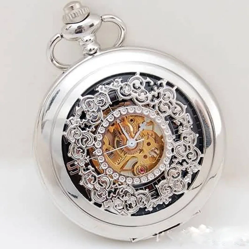 

New Silver Mechanical Skeleton Pocket Watch Chain HOT